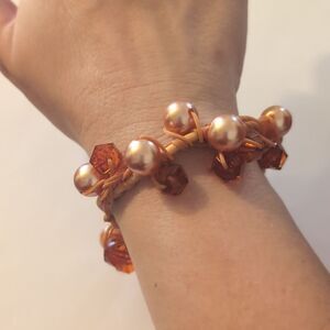 851 Orange Faceted and Faux Pearl‎ Beaded Stretch Bracelet